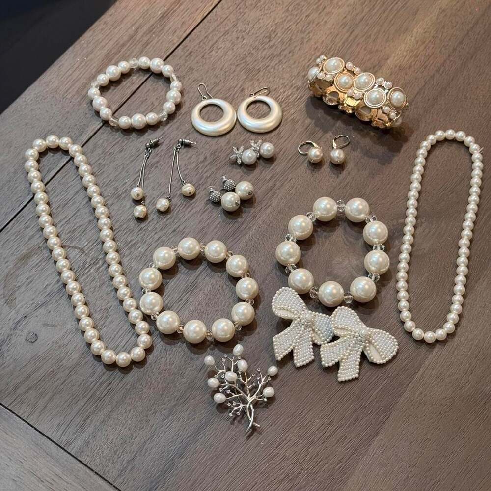 12pc Mixed Pearl Preppy Jewelry Bundle Set - Necklaces Bracelets Earrings Brooch